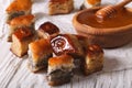 Baklava Honey with poppy seeds and nuts close-up. horizontal