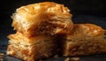 Baklava, a layered baked pastry item with walnut and honey generated by AI