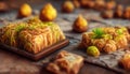 Baklava. Ramadan Dessert. Traditional Arabic dessert with nuts and honey, cup of tea on a concrete table. Top view, copy