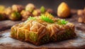 Baklava. Ramadan Dessert. Traditional Arabic dessert with nuts and honey, cup of tea on a concrete table. Top view, copy