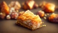 Baklava. Ramadan Dessert. Traditional Arabic dessert with nuts and honey, cup of tea on a concrete table. Top view, copy