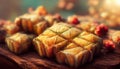 Baklava. Ramadan Dessert. Traditional Arabic dessert with nuts and honey, cup of tea on a concrete table. Top view, copy