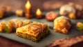 Baklava. Ramadan Dessert. Traditional Arabic dessert with nuts and honey, cup of tea on a concrete table. Top view, copy