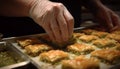 Baklava slice stuffed with sweet dough and honey generated by AI