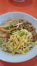 Bakmie is dry noodle with chicken, egg sliced, sprouts and dumplings