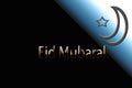 Eid or Idd mubarak written on blue & black background with moon and star shape.