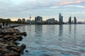 Baku, Azerbaijan - April 27, 2017: Seafront view of central Baku, capital of Azerbaijan, with luxury hotels and office buildings Royalty Free Stock Photo