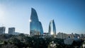 View of Flame Towers from seafront near Milli Park. Baku, Azerbaijan Royalty Free Stock Photo