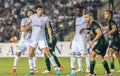 Ferencvaros and Qarabag players in the penalty area during a corner kick in UEFA Champions League qualification match Qarabag vs Royalty Free Stock Photo