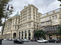 Baku, Azerbaijan, September, 09 2019. Cars on Avenue of Oilmen near the houses 67, 69, 73. Azerbaijan, city of Baku