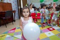 Birthday two years in the kindergarden . Children`s birthday with animators . Happy group of children at a birthday
