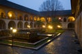 The courtyard of the ancient upper `Caravanserai` in the January twilight. Sheki, Azerbaijan Royalty Free Stock Photo