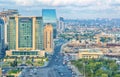 Baku, Azerbaijan - July 25, 2013:  Prospect Neftchiler, Absheron Hotel, Port Baku business center modern buildings. Royalty Free Stock Photo