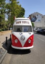 BAKU, AZERBAIJAN - JULY 11, 2023 : Street coffee shop of old retro minibus. car is equipped for sale of coffee and Royalty Free Stock Photo