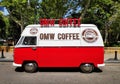 BAKU, AZERBAIJAN - JULY 11, 2023 : Street coffee shop of old retro minibus. car is equipped for sale of coffee and Royalty Free Stock Photo