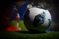 BAKU,AZERBAIJAN - JUNE 21, 2018 : Creative concept. Official Russia 2018 World Cup football ball The Adidas Telstar 18 on dark ton Royalty Free Stock Photo