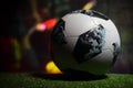 BAKU,AZERBAIJAN - JUNE 21, 2018 : Creative concept. Official Russia 2018 World Cup football ball The Adidas Telstar 18 on dark ton Royalty Free Stock Photo