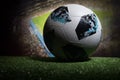 BAKU,AZERBAIJAN - JUNE 21, 2018 : Creative concept. Official Russia 2018 World Cup football ball The Adidas Telstar 18 on dark ton Royalty Free Stock Photo