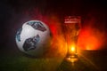 BAKU,AZERBAIJAN - JUNE 23, 2018 : Official Russia 2018 World Cup football ball The Adidas Telstar 18 and single beer glass on gree