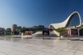 BAKU, AZERBAIJAN - JUNE 19, 2018: Photo exhibit in front of Heydar Aliyev Cultural Center in Baku, Azerbaij