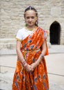BAKU, Azerbaijan-JUNE 26, 2018: portrait of child in traditional Indian clothing, sari and jeweleries dancing