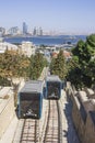 Baku, Azerbaijan - March 30, 2017. A passenger funicular car for transporting people to the city`s upland Park.