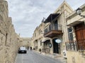 Baku, Azerbaijan, September, 10, 2019. Mayak art cafe on Kichika Gala street in the old town of Icheri Sheher in autumn in cloudy