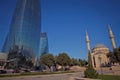 City view of the capital of Azerbaijan - Baku. Famous Flame Towers, mosque and funicular station. Royalty Free Stock Photo