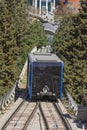 Baku, Azerbaijan - March 30, 2017. A passenger funicular car for transporting people to the city`s upland Park.