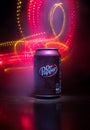 BAKU, AZERBAÃÂ°JAN - SEPTEMBER 15, 2019: Can of Dr Pepper soft drink on dark toned foggy background with light. Dr Pepper is a soft