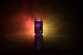 BAKU, AZERBAÃÂ°JAN - SEPTEMBER 15, 2019: Can of Dr Pepper soft drink on dark toned foggy background with light. Dr Pepper is a soft