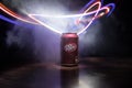 BAKU, AZERBAÃÂ°JAN - SEPTEMBER 15, 2019: Can of Dr Pepper soft drink on dark toned foggy background with light. Dr Pepper is a soft