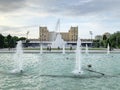 Baku, Azerbaijan, September, 10, 2019. Fountains in front of the Government house in the evening in Baku