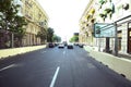 Streets of Baku during Formula 1 Azerbaijan Grand Prix 2021. Panoramic view of stands and tracks . Old Baku .View of