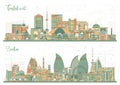 Baku Azerbaijan and Tashkent Uzbekistan City Skyline Set with Color Buildings. Cityscape with Landmarks