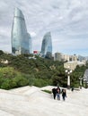 Baku, Azerbaijan, September, 09, 2019. View of Flame Towers from Shahidler Xiyabani Memorial Park Highland park Royalty Free Stock Photo