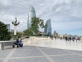 Baku, Azerbaijan, September, 09, 2019. View of Flame Towers from Shahidler Xiyabani Memorial Park Highland park Royalty Free Stock Photo