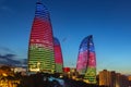 Baku panorama. Night city. Beautiful evening view of skyscrapers. Flame Towers in the evening. Modern architecture