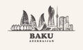 Baku skyline,Azerbaijan vintage vector illustration, hand drawn buildings