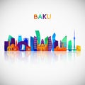 Baku skyline silhouette in colorful geometric style.
