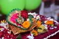 Bal Krishna Laddu Gopal, an Hindu God, brass statue with beautiful pink cloths and jewelry. Celebrating Krishna Janmashtami Royalty Free Stock Photo