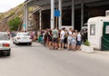 Balaklava, Sevastopol, Crimea - July 8, 2020: Long queue of tourists waiting to enter the historical museum.