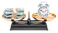 Balance concept, alarm clock and dollar packs. 3D rendering