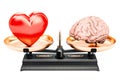 Balance concept, scales with heart and brain, 3D rendering Royalty Free Stock Photo