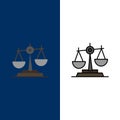 Balance, Court, Judge, Justice, Law, Legal, Scale, Scales  Icons. Flat and Line Filled Icon Set Vector Blue Background Royalty Free Stock Photo