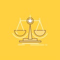 Balance, decision, justice, law, scale Flat Line Filled Icon. Beautiful Logo button over yellow background for UI and UX, website