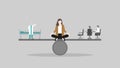 A meditation woman sits and thinks at the center of seesaw beam between a doctor with a hospital bed and office meeting Royalty Free Stock Photo
