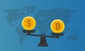 Balance Dollar VS Bitcoin concept with world map on background. Vector.