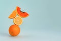 Balance food levitation conceptual creative still life. Balance of fresh fruit on a blue background. Modern concept of