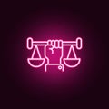 Balance, hand neon icon. Elements of Law & Justice set. Simple icon for websites, web design, mobile app, info graphics
